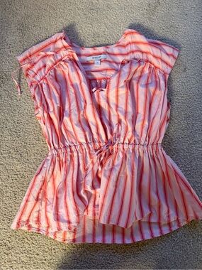 Derek Lam Pink and white Striped Drawstring Peplum Top